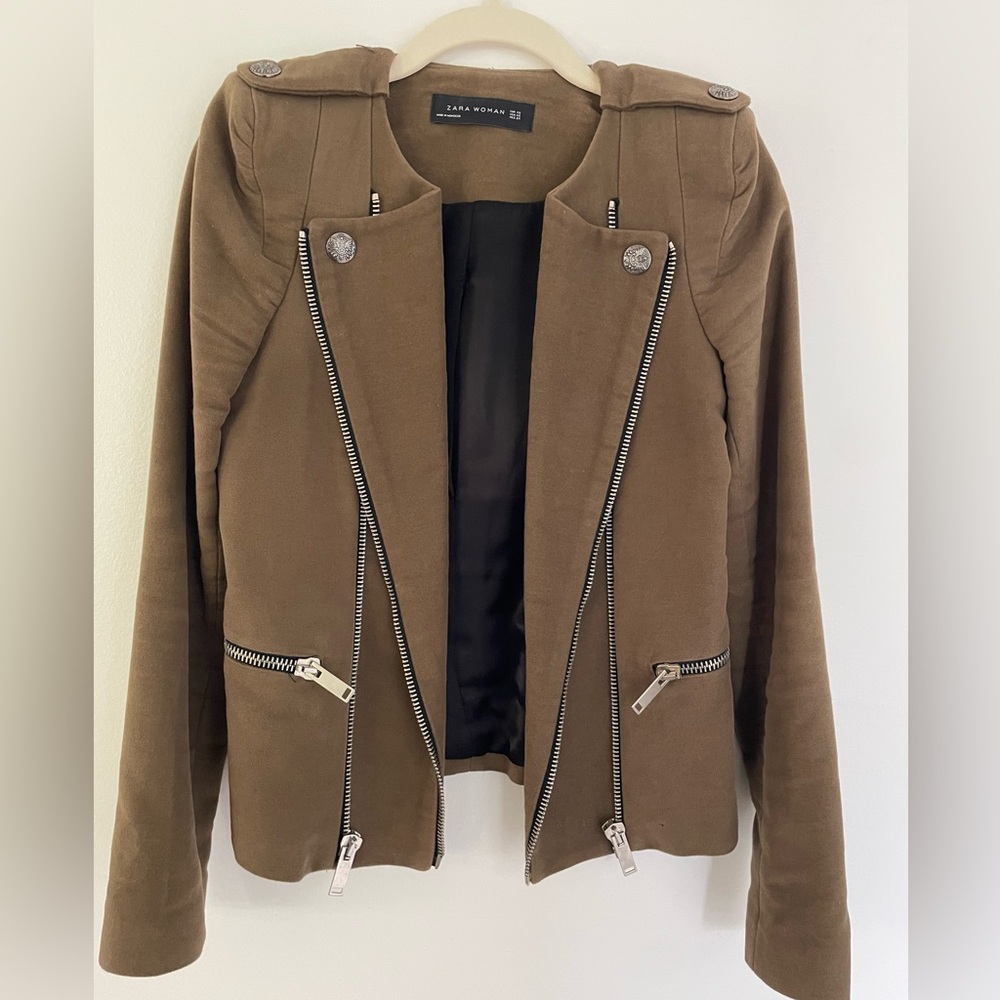 Zara Woman military/motorcycle double zip brown jacket, size XS